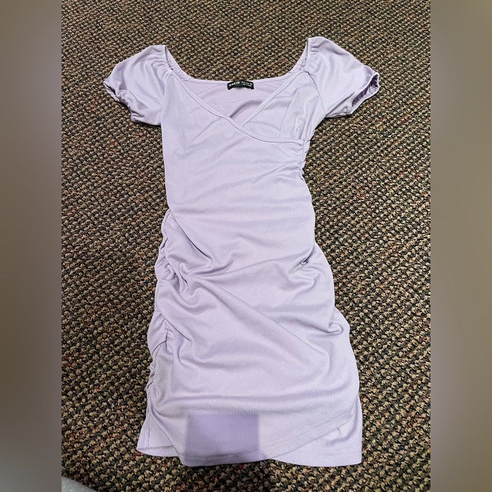 Purple mini dress with puff sleeves